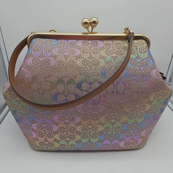 NWT Coach Large Kisslock Frame Bag Rainbow Crystal Signature Jacquard CCX15 - Picture 2 of 9